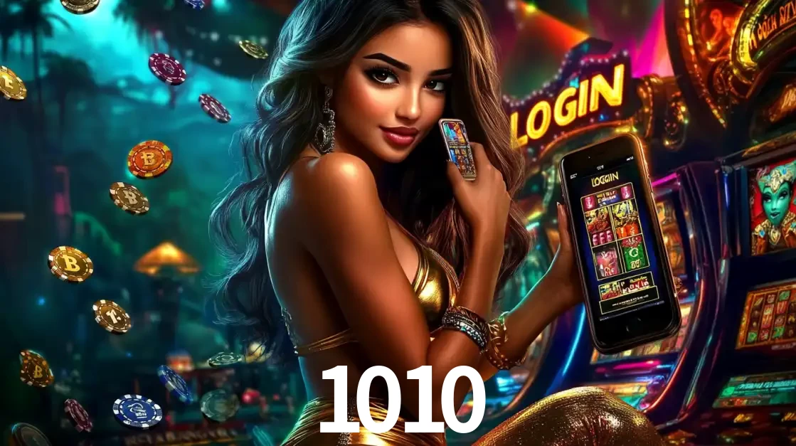 Mulher em um cenário de cassino temático de aventura, mostrando o app de caça-níqueis da 1010 no celular. Fichas de apostas flutuam ao redor.