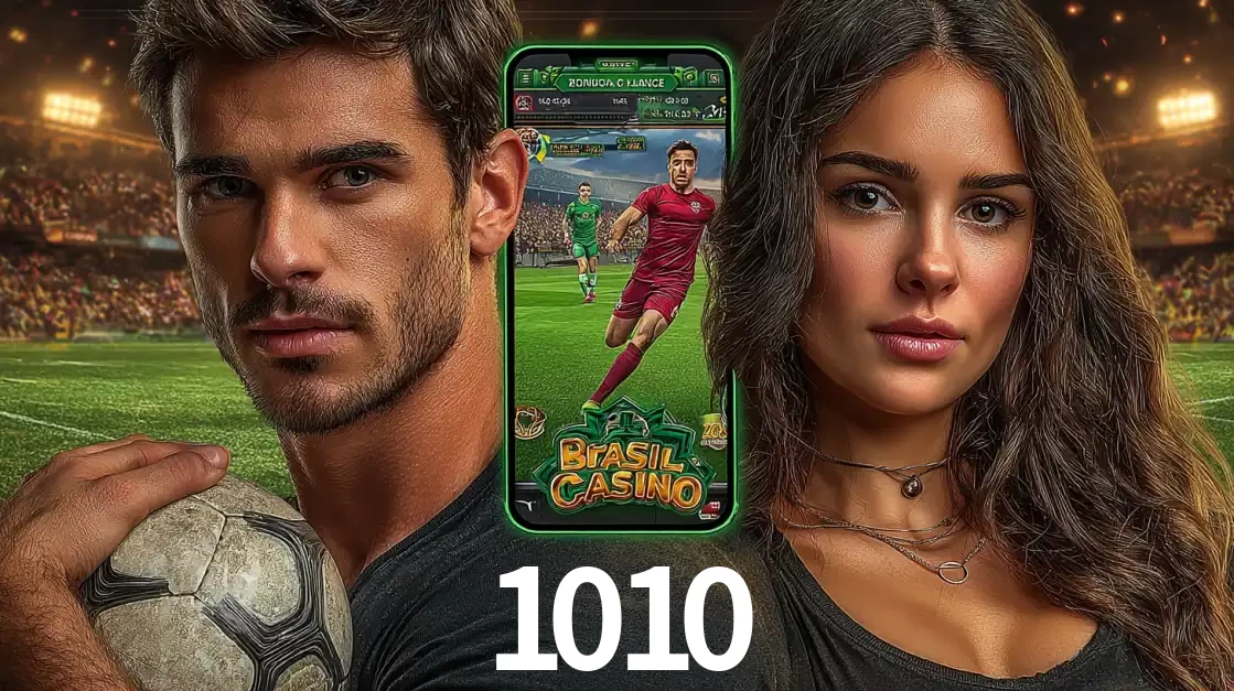 Homem segurando uma bola de futebol e uma mulher ao lado de um smartphone exibindo o jogo de apostas esportivas da 1010. Faça seu palpite no cassino online.